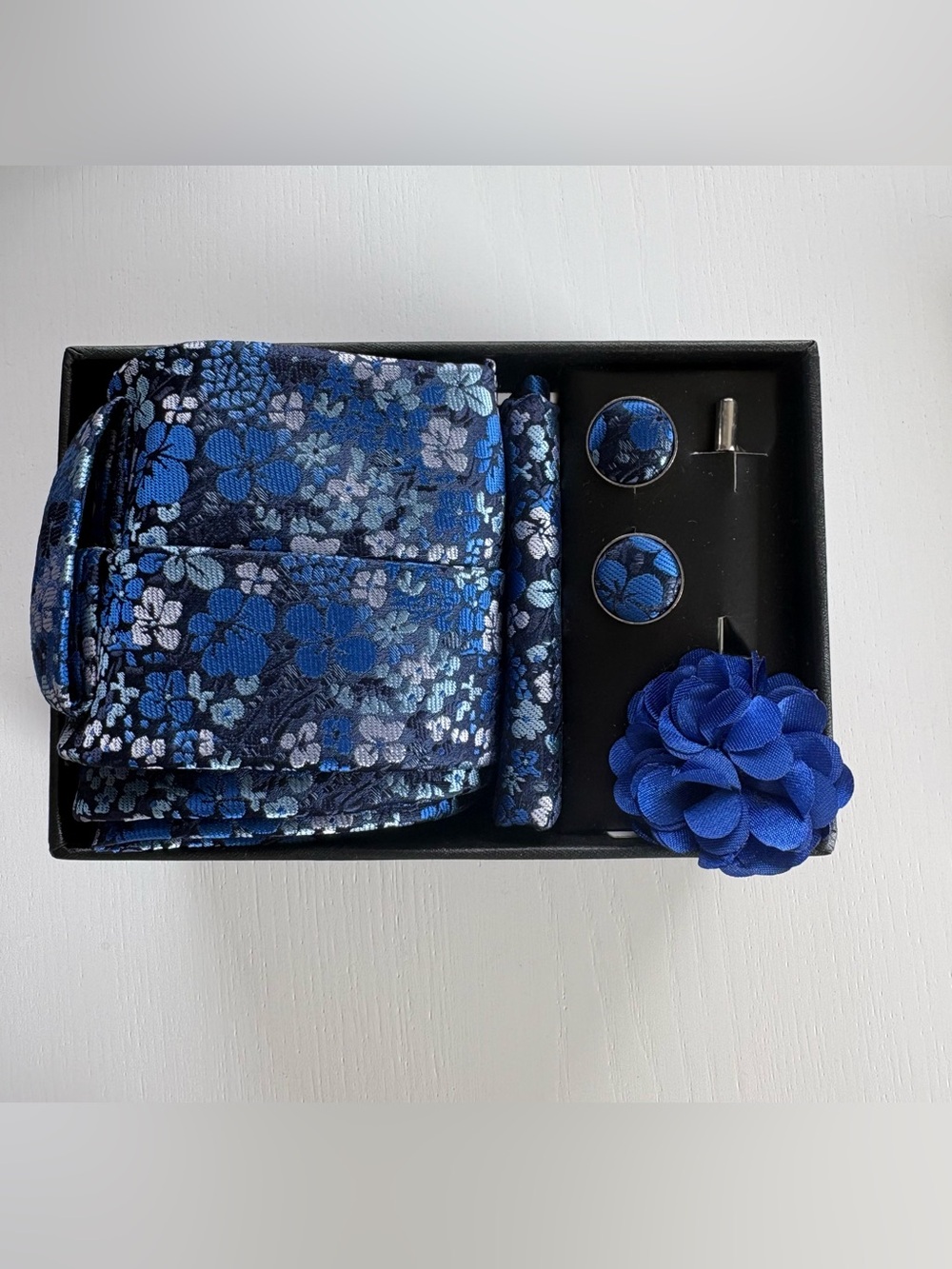Fashion & Classic Men's Blue Floral Tie Set with Lapel Flower, and Cufflinks